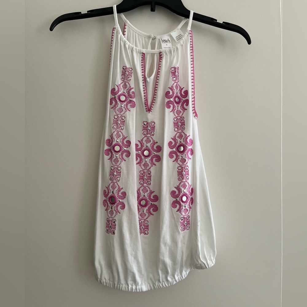INC International Concepts White and Pink Embroidered Tank Top